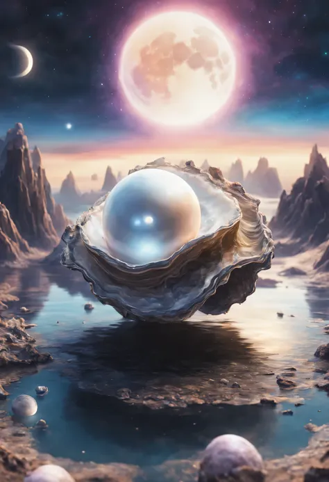 a beautiful unknown planet in the shape of an oyster with eyes, with around it a moon in the shape and color of a pearl, very re...