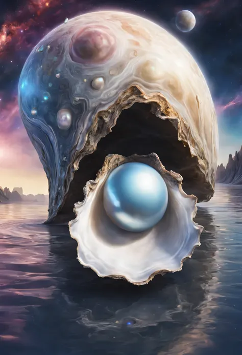 a magnificent unknown planet in the shape of an oyster, with around it a moon in the shape and color of a pearl, very realistic,...