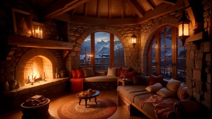 Fireplace Ambience with overlooking the Castle tower in mountains