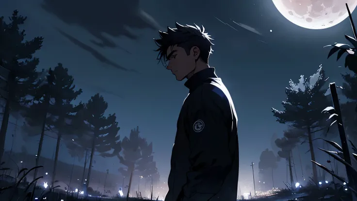 Dibuja a un joven con sudadera negra con la capucha puesta, sentado en un campo de noche. He&#39;s thinking about his past. Dramatic moon lighting illuminates the scene, proyectando sombras profundas. The young man looks thoughtful and melancholic. 