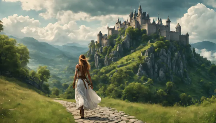 side view: a warrior girl with long hair is walking along the path, looking at the castle on the mountain, mystical summer atmos...