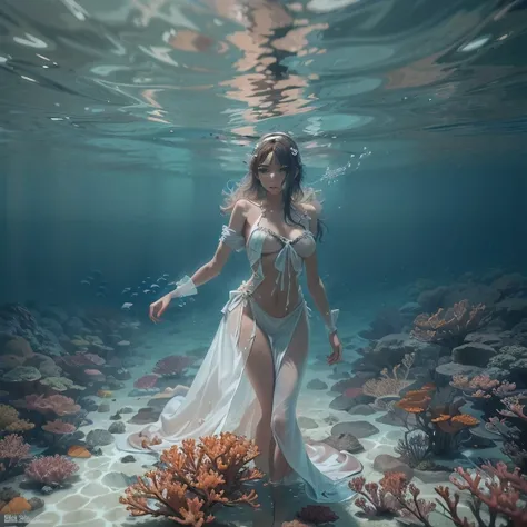 Beautiful girl in a white shine through dress that swims over the bottom of the Australian sea with lots of coral. Naked body visible under the dress, dirty 1.4