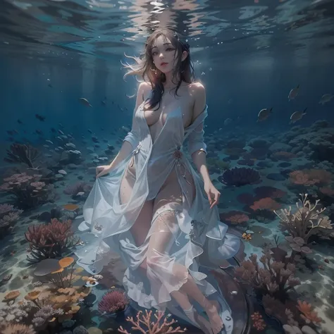 Beautiful girl in a white shine through dress that swims over the bottom of the Australian sea with lots of coral. Naked body visible under the dress, dirty 1.4