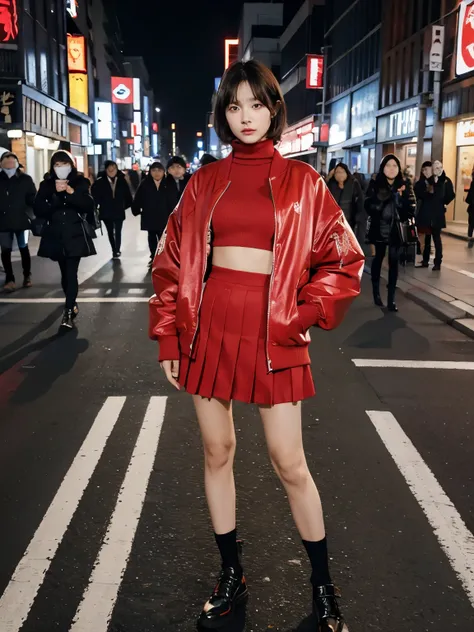 full body,// street snap //wearing big red bomber jacket and red turtleneck sweater and red skirts,//breast focus, ((facing viewer)), //at the street in tokyo, //japanese lady, pale skin, //droopy eyes,//short hair, //((standing)), high quality:1.3, Profes...