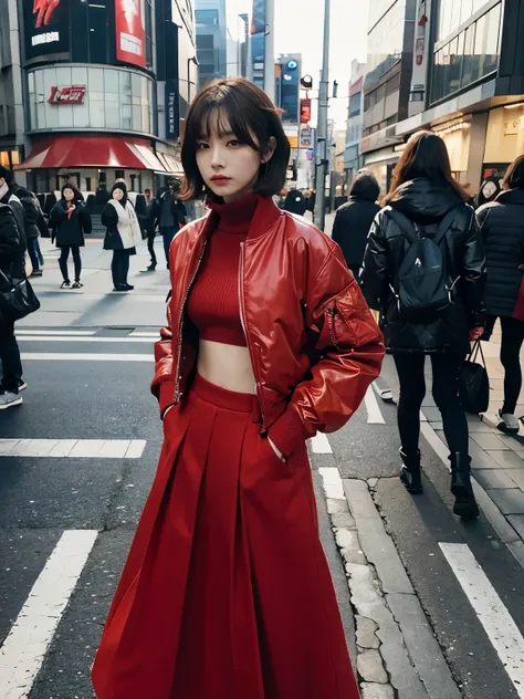 full body,// street snap //wearing big red bomber jacket and red turtleneck sweater and red long skirts,//breast focus, ((facing viewer)), //at the street in tokyo, //japanese lady, pale skin, //droopy eyes,//short hair, red hair, //((standing)), high qual...