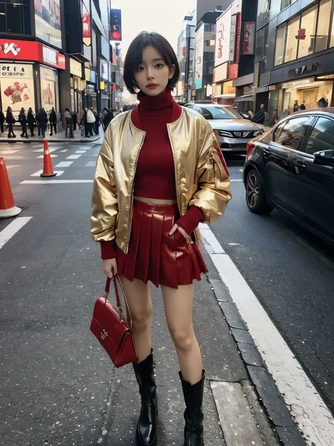 cleavage, full body,// street snap //wearing big red bomber jacket and red turtleneck sweater and red long skirts, gold accessories,//breast focus, ((facing viewer)), //at the street in tokyo, //japanese lady, pale skin, //droopy eyes,//short hair, gold ha...