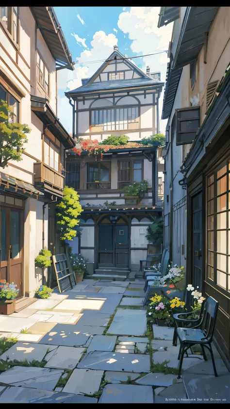 painting of a courtyard with a table and chairs and a bench, anime background art, relaxing concept art, anime scenery concept art, immensely detailed scene, a beautiful artwork illustration, detailed scenery —width 672, studio ghibli environment, highly d...