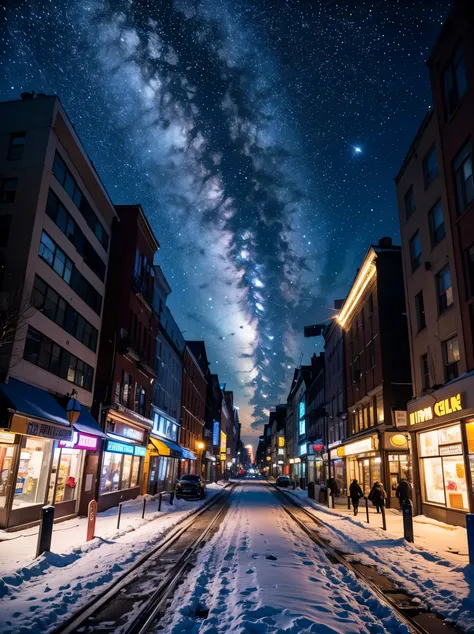 Masterpiece, ultra detailed. Create a city street scene on a snowy day, the starry night sky reflecting on ice on the asphalt, the buildings tinted with soft blue hues. Blurry foreground, from ground.