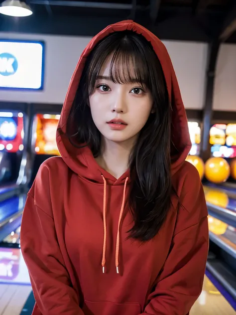 Bewitching eyes, well-balanced eyes, //street snap //wearing long red hoodie and long skirts,//breast focus, ((facing viewer)), //at the bowling alley, //japanese lady, pale skin, //droopy eyes,//long hair, //((standing)), high quality:1.3, Professional li...