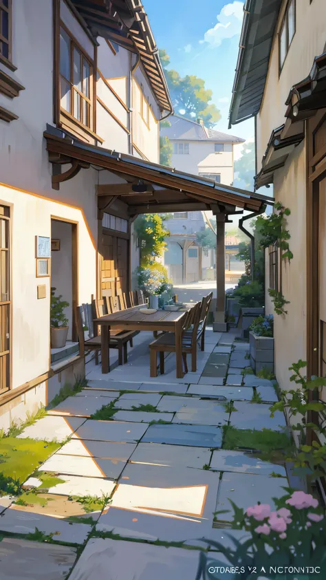 painting of a courtyard with a table and chairs and a bench, anime background art, relaxing concept art, anime scenery concept art, immensely detailed scene, a beautiful artwork illustration, detailed scenery —width 672, studio ghibli environment, highly d...