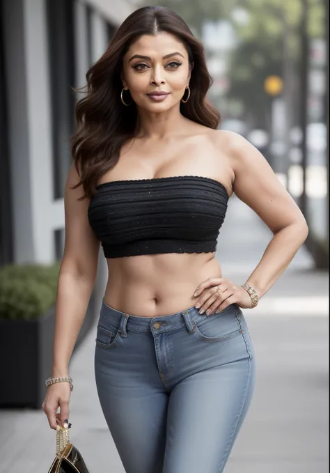 50yo mature MILF Aishwarya Rai as supermodel, tight jeans, mini bandeau crop top, ((very high heels)), ponytail hair, bright sunny day scene, mature curvaceous milf body, ((showstopper catwalk in ramp)), mature hourglass milf figure, perfect breasts, (((ra...