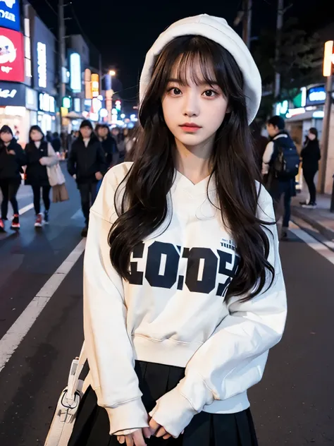 Bewitching eyes, well-balanced eyes, //street snap //wearing college sweatshirts and long tulle skirt,//breast focus, ((facing viewer)), //at the street tokyo, //japanese lady, pale skin, //droopy eyes,//long hair, //((standing)), high quality:1.3, Profess...