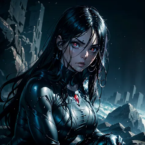 top-quality masterpiece, Raven from Teen Titans, Female superhero character, Sitting on a rock with her knees drawn to her chest, Dark, gothic appearance, Long, wavy raven hair, (Shiny, wet-look texture: 1.3), Bright red eyes, Lean muscular build, Wearing ...