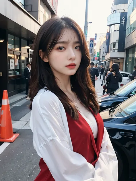 Bewitching eyes, well-balanced eyes, //street snap //wearing gucci red setup suit and shirts,//breast focus, ((facing viewer)), //at the street tokyo, //japanese lady, pale skin, //droopy eyes,//long hair, //((standing)), high quality:1.3, Professional lig...