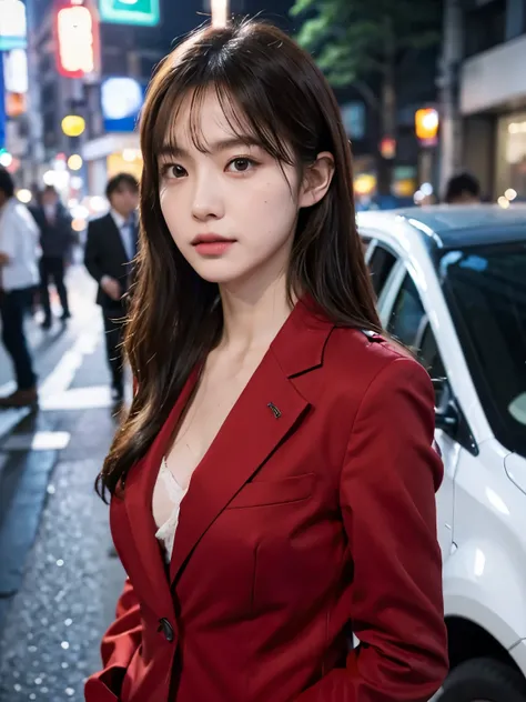 Bewitching eyes, well-balanced eyes, //street snap //wearing gucci red setup jeans suit and shirts,//breast focus, ((facing viewer)), //at the street tokyo, //japanese lady, pale skin, //droopy eyes,//long hair, //((standing)), high quality:1.3, Profession...