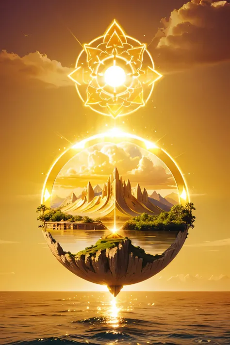 logo of a floating island world, fantasy, bright , golden, soft colors