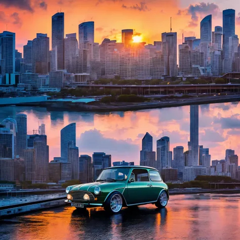 as the sun sets over the horizon, a 1970 bordeaux austin mini with larg wings and wheels chugs along the roads, its vibrant colo...