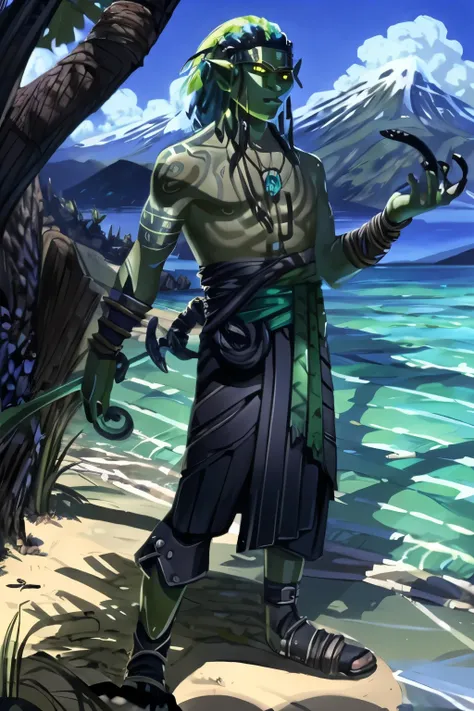 Water Genasi, Male, Warlock, slim, pacific islander, green skin, on a beach, black tentacles coming out of the water