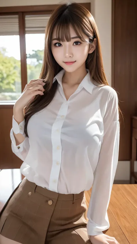 ((8K, RAW photo, highest quality, table top:1.3)), super detailed, Super high resolution, High-definition RAW color photo, Photo of Pretty Japanese school girl,Not clear,classroom,school uniform,((brown hair,medium chest:1.1)),looking at the viewer,profess...