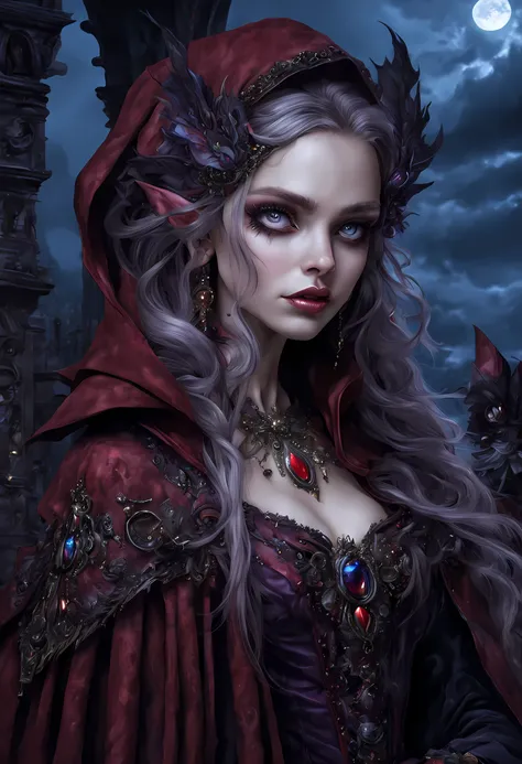 fantasy art, gothic art, (masterpiece:1.5), full body best details, highly detailed, best quality, Glowing Purple, highres, full body portrait of a vampire, elf (Masterpiece, best quality: 1.6), ultra feminine, wizard, (intricate details, Masterpiece, best...