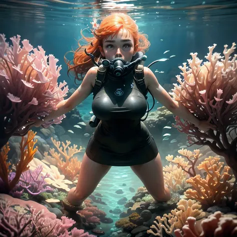 (Masterpiece, Best Quality:1.3), highres, (8k resolution), (ultra-detailed:1.1), madgod, stop motion, very nice redhead girl with enormous visible breasts plays with her satisfier toy underwater on the bottom of the ocean with loads of coral around her. Sh...