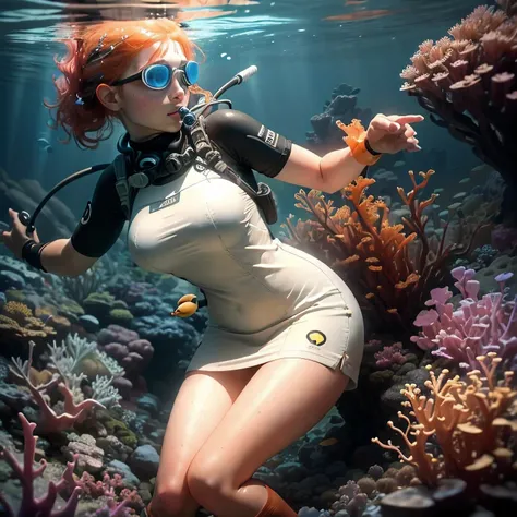 (Masterpiece, Best Quality:1.3), highres, (8k resolution), (ultra-detailed:1.1), madgod, stop motion, very nice redhead girl with enormous visible breasts plays with her satisfier toy underwater on the bottom of the ocean with loads of coral around her. Sh...