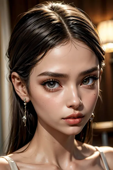 mulher morena com olhos brilhantes e marrom ! Thin and slender face with delicate lips , penteado solto e longo com cor preto . Imagens de alta qualidade 