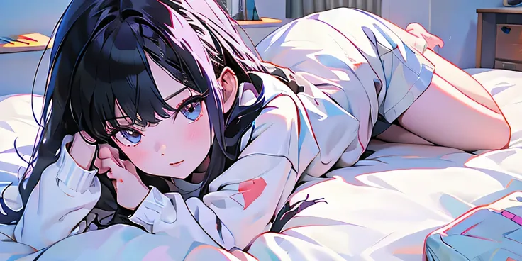 1 girl, long purple hair, blue eyes, wearing hoodie, on bed, high res, ultrasharp, 8K, masterpiece, prone lying