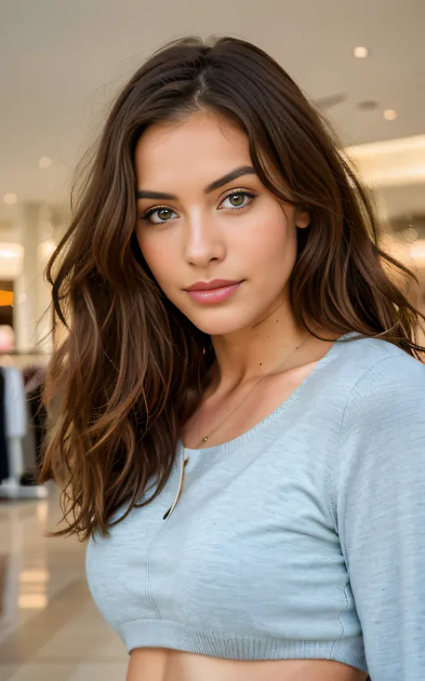 beautiful brunette in a light beige sweater (nail care in a clothing store in a shopping mall), muy detallado, 21 years, rostro ...