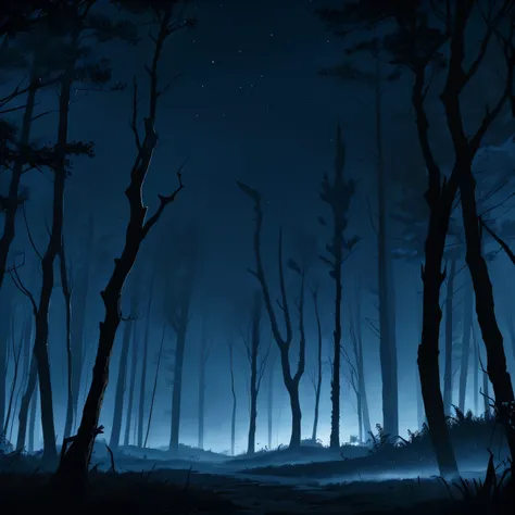 Ataque de uma bruxa encapuzada, com poder saindo do cajado, killing many Werewolf warriors dead on the ground. Scenery on a flat terrain, with few trees with dry branches. night time. Totally bluish and dark lighting. Very distant view of the entire scene.