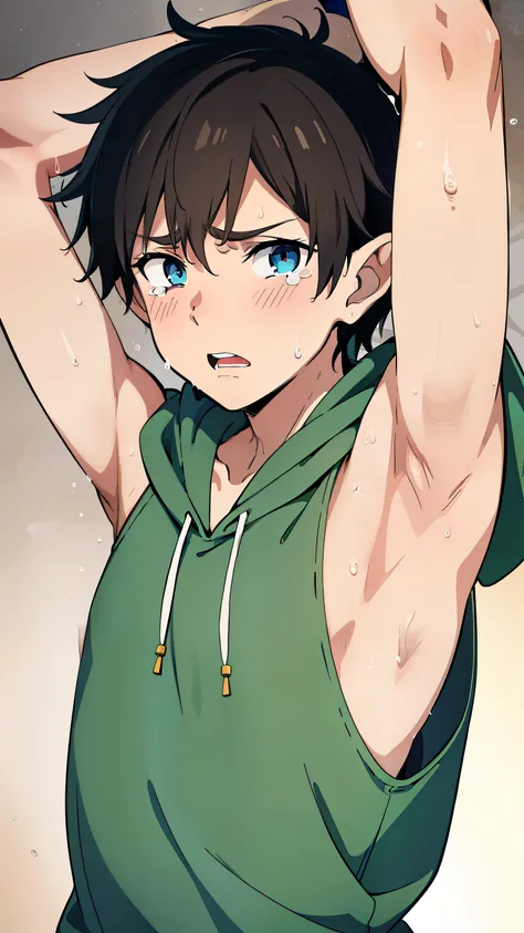 Highres, Masterpiece, Best quality at best,Best Quality,hight quality, hight detailed, 1boy, Shota, Elf ear, sleeveless hoodie, Cry, Tears, (young boy), 12-year-old boys,  (Showing armpit:1.3), hansome, Sweat