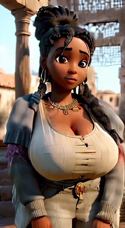 (((Extremely Gigantic boobs))) black female slave dragged on a chain, beautiful face, long dirty hair, dirty clothes, bare chest. the middle of an old Arab town. Uhd, masterpiece, 8k, photorealistic