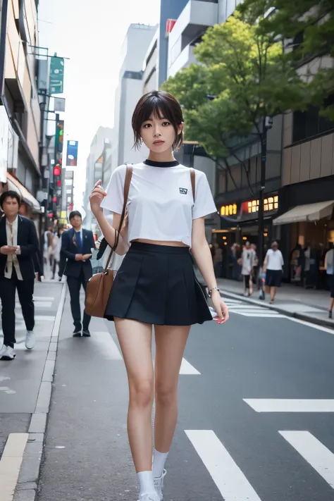 https://s.mj.run/oozcj4N-iLA A Japanese couple, a clumsy boy + a very cute and sensual girl dressed in a short top and miniskirt , in the background a Tokyo street in broad daylight, in a modern version, color photo, precise uniforms and clothes of the tim...