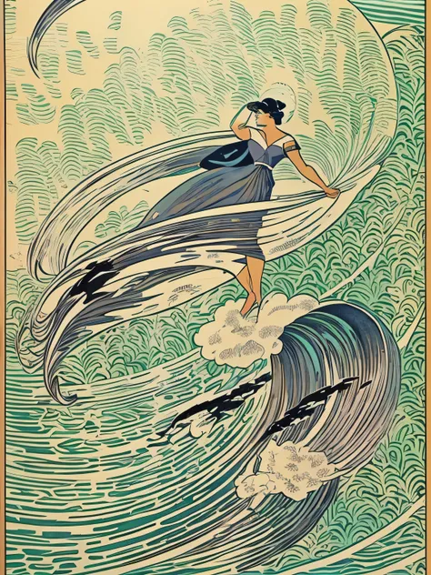 the clear image of a woman in a blue dress is catching a wave, Arte Nova ( 1 9 2 2 ), Art Nouveau Clipart Images, Estilo de Carlos Schwabe, Direction: Eugène Burnand, inspired by Sakai Hōitsu, (Arte Nova), ( Arte Nova ), inspirado em Gustaf Tenggren, art d...