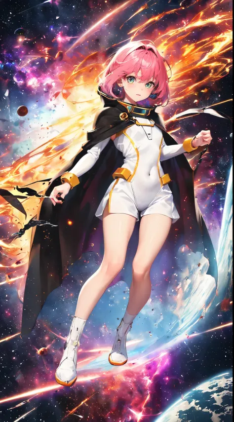 ((a girl with a hero&#39;s cape and an aura of energy around her body flying in outer space towards 2 colliding planets)), (obra...