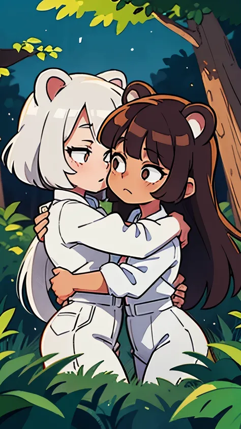 1 white haired female (cat ears) , 1 dark brown haired female (bear ears), white clothes, night time , forest, hugging 