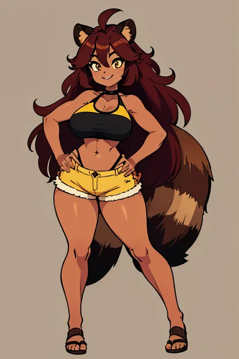 ((masterpiece,best quality)), Brown skin, yellow eyes, long red hair, halter top, shorts, standing, raccoon ears, raccoon tail, full body, big breasts, big hips, hair between eyes, hair flares out, 1girl, solo, brown-skinned female, red-haired female, smil...