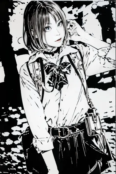 足を組んで地面に座っているanime girl, black and white manga style, anime girlがしゃがんでいる, しゃがむ美しいanime girl, 「anime girl, anime girl, rei hiroe, 若いanime girl, sailor suit, black and white manga, a manga drawing, anime girl, Aya Takano color style, fubuki