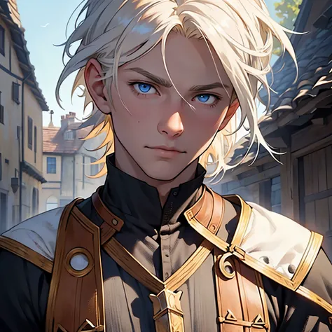 young, male, man, white, blonde hair, blue eyes, , simple clothes, medieval village atmosphere. medium hair, white hair, 8k, super detail, accurate, best quality, high quality, high details, super detail, award winning, best quality, high resolution, textu...