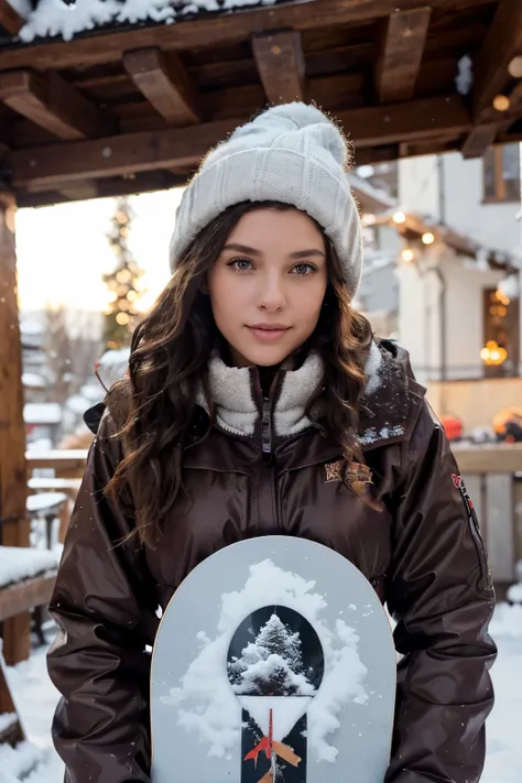 (brunette perfect body Supermodel), (wavy medium hair), wearing (winter snowboard clothes), drinking (mulled wine), terrace snow background, feminine fit detailed body and face and skin pores, highly detailed expressive, space above head, depth of field, s...