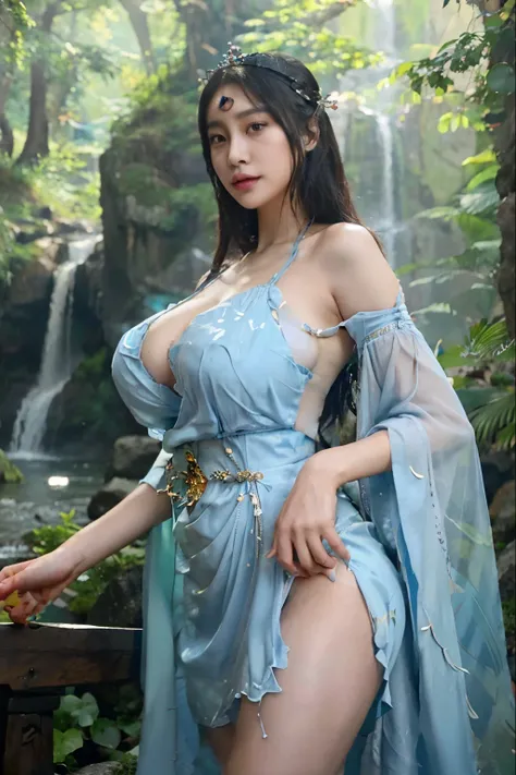 arafed asian woman in blue dress showing breasts, posing in front of waterfall, japanese goddess, beautiful fantasy empress, trending on cgstation, wlop.  4k, beautiful girl, beautiful alluring anime woman, beautiful goddess, high quality detailed art 8k, ...