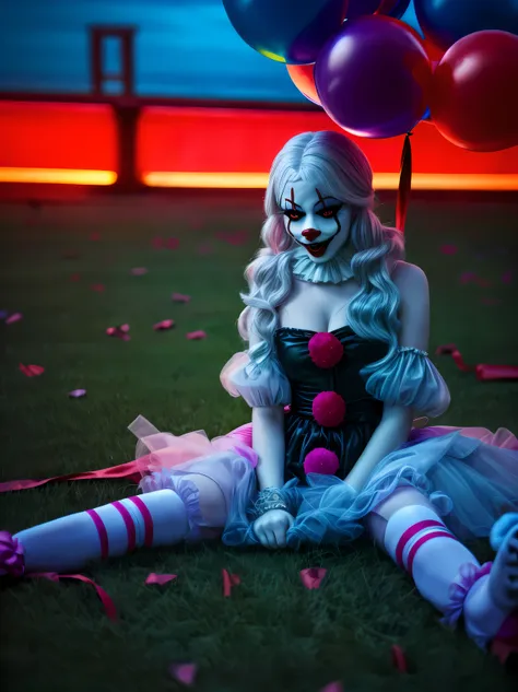 araffe dressed in a clown costume sitting on the grass with a bunch of balloons, pennywise style, pennywise, pennywise theme, creepy clown girl, stephen king as pennywise, dead clown, cutecore clowncore, clown girl, y 2 k cutecore clowncore, goth clown gir...