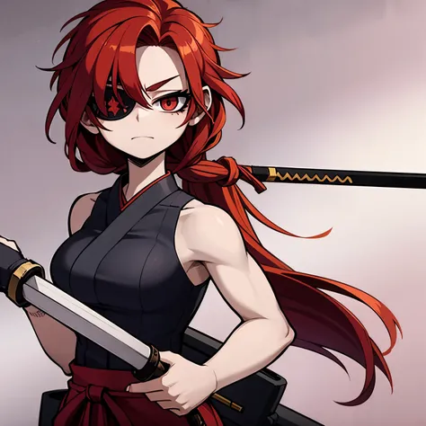 Anime style image of a red-haired girl who wears a Hakama and is holding a katana in her right arm and her left eye is covered by an eyepatch. She is muscular and is holding a katana. Her body is full of scars. 