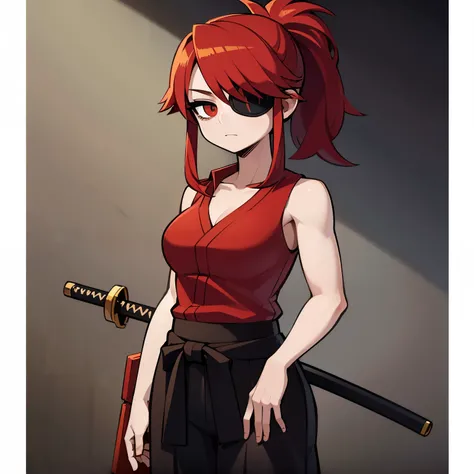 Obra maestra, la mejor calidad, Anime style image of a red-haired girl who wears a Hakama and is holding a katana in her right arm and her left eye is covered by an eyepatch. She is very muscular. Her body is full of cut scars. 