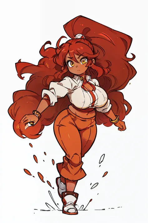 MONOCHROME, GREYSCALE, ((masterpiece,best quality)), Brown skin, yellow eyes, long red hair, big breasts, big hips, hair between eyes, hair flares out, 1girl, solo, brown-skinned female, red-haired female, front view, plump thighs