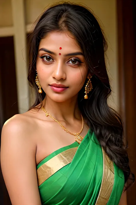 ((best quality)), ((masterpiece)), (detailed), perfect face,tamil 30 year woman in green saree,sexy