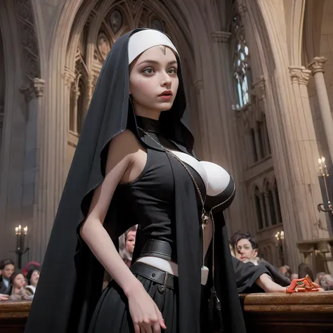 (in 8K，Raw photo，top-quality，超A high resolution，​masterpiece：1.2)，(Photorealsitic：1.37)， (Gothic nun huge breasts), Set in the 1990s, Surreal makeup, Leather clothes with bare naked breasts in a church in the Gothic style at night, neon light, Very dark, H...