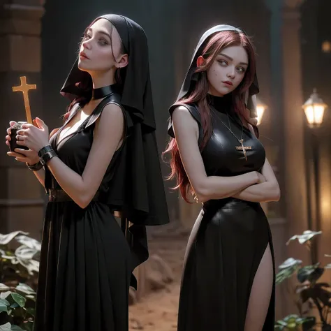 (in 8K，Raw photo，top-quality，超A high resolution，​masterpiece：1.2)，(Photorealsitic：1.37)， (Gothic nun huge breasts), Set in the 1990s, Surreal makeup, Leather clothes with bare naked breasts in front of a jesus Christ Cross in the Gothic style at night, neo...