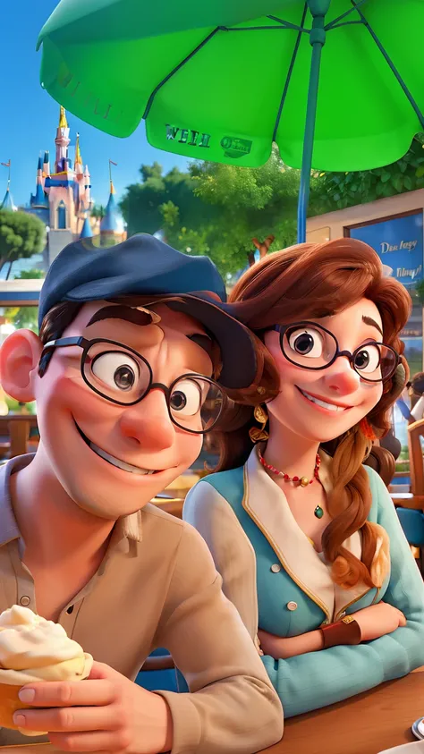 Disney Style Couple With Glasses Smiling In Restaurant.