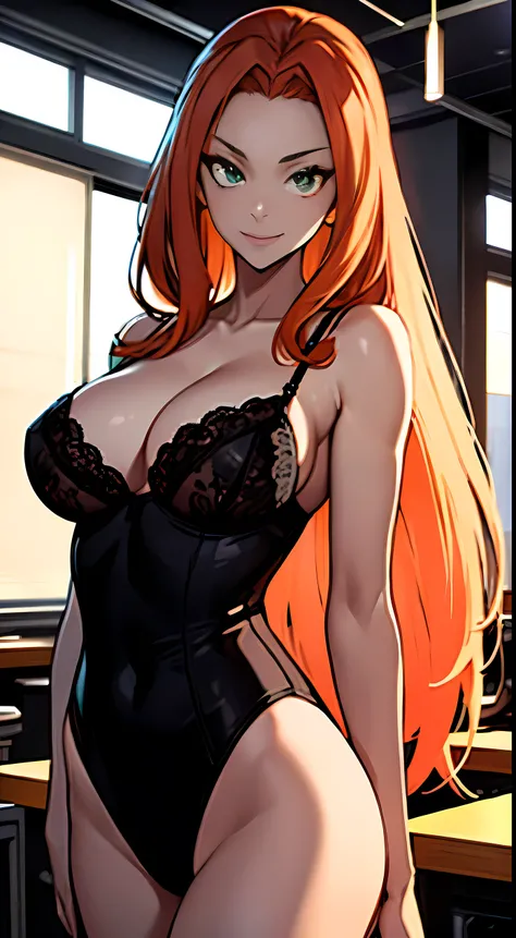 ((masterpiece)), ((best quality)), ultra detailed, detailed background, orange hair, Long Hair , green eyes, thin eyes, large breast, long hair,, highest details, sexy, focus, Alluring, long legs, ((breasts shot)), (((wearing black lingerie ))), leotard, h...